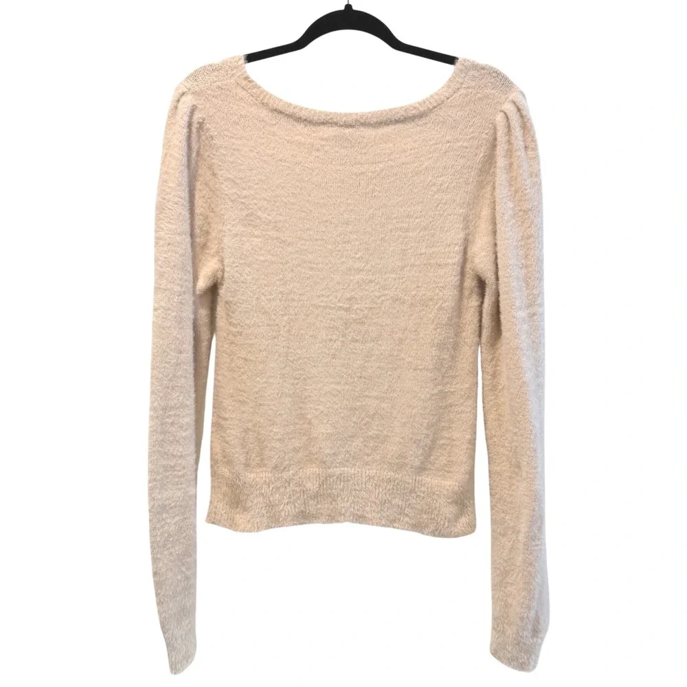 LE LIS Square Neck Eyelash‎ Knit Sweater Cream NWT Puff Sleeve Women Large Soft